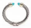 David Yurman Sterling Silver Cable Cuff Bracelet with Persian Turquoise Cabochons and 14K Yellow Gold Trim - 2
