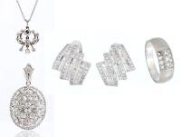 Ladies 14K White Gold and Diamond Collection. Beautiful Pair of Earrings, a Pendant of the Symbol Horus, a Deco Style Pendant an