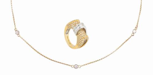 Ladies 18K Yellow & White Gold Ring Resplendent in Melee Diamonds and Baguettes Plus a 14K Gold Necklace, with 5 Diamonds Set Ev