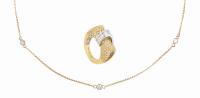 Ladies 18K Yellow & White Gold Ring Resplendent in Melee Diamonds and Baguettes Plus a 14K Gold Necklace, with 5 Diamonds Set Ev