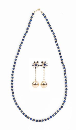 Ladies Exceptional Micro Lapis Luzuli Bead Necklace each with Alternating 14K Yellow Gold Spacers + Complimenting Stud Earrings