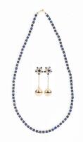 Ladies Exceptional Micro Lapis Luzuli Bead Necklace each with Alternating 14K Yellow Gold Spacers + Complimenting Stud Earrings
