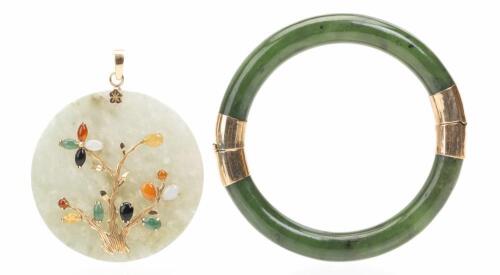 Ladies Ensemble of Jadeite Hinged Bangle Bracelet and Jade Pendant with 14K Yellow Gold "Tree Branch" with Semi-Precious Stones