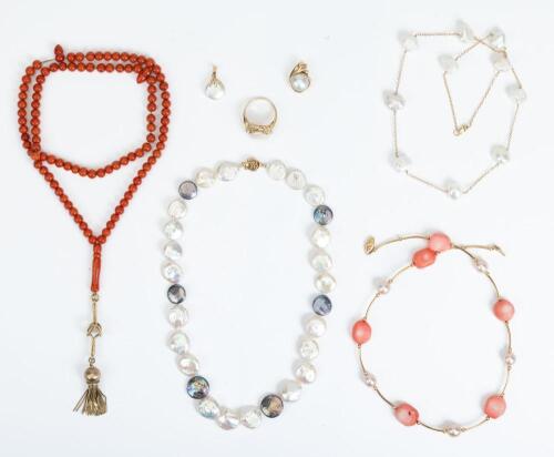 Ladies Treasures from Under the Sea. 14/18K Gold Necklaces of Coral, Baroque, Coin, Mabe and Seed Pearls