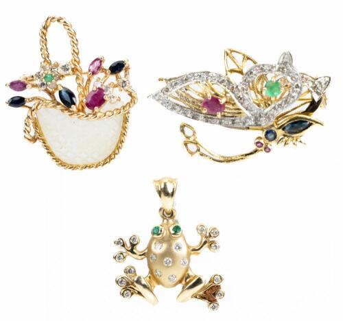 Ladies 'Spring Is Eternal Collection'. Stunning 14K Yellow Gold Butterfly and Basket Pins With Precious Stones Plus Two Pendants