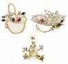 Ladies 'Spring Is Eternal Collection'. Stunning 14K Yellow Gold Butterfly and Basket Pins With Precious Stones Plus Two Pendants