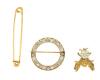Three 14K Gold Pins with a Diamond Bumble Bee The Highlight with Head Studded with Round Brilliant Cut Diamonds.