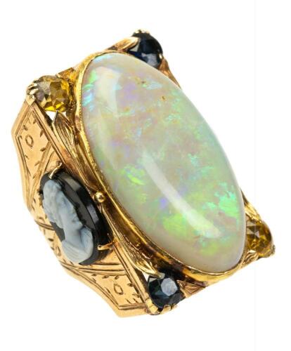 Unique 14K Georgian Revival Ladies Ring with 75 Carat Opal set in Heavy 14K Yellow Gold with Sapphires and Topaz Accents.l