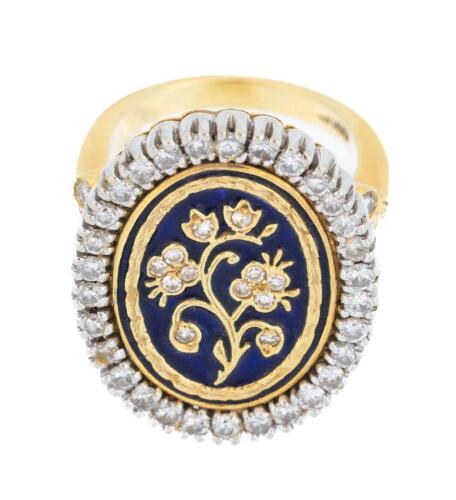 Ladies Regal, 14K Yellow and White Gold 1.5 Carat Diamond Ring with Exceptional Enamel Work and Gold Inlay