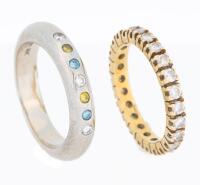 Ladies 14K White Gold Ring with White, Yellow and Blue Diamonds plus One 14K Yellow Gold Diamond Eternity Ring
