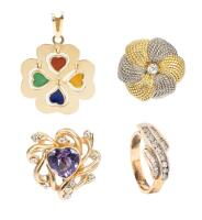 Ladies Medley of 14K and 18K Gold Jewelry. Pins, Ring, Pendant and Necklace Enhancer. All Wonderful Pieces