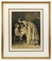 Norman Rockwell Sepia Collotype, Tom Sawyer Suite: Aunt Polly Giving Tom Sawyer Medicine
