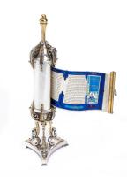 A. Yossi Swed, Partial Gilt Gold and Sterling Silver Megillah with a Superior Illuminated Parchment Scroll of the Book of Esther