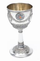 Lovely, Vintage, Sterling Silver Kiddush Cup with Carnelian Cabochons and Tooled Facsimiles of the Coins from The Second Revolt