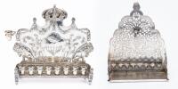 Two Vintage/Antique 800 Silver Menorhas. A Particularly Fine Example with Repousse Crown and Foliate Designs. The Second, Older