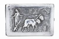 Sterling Silver Repousse Cigarette Case Depicting Asian Pastoral Scene