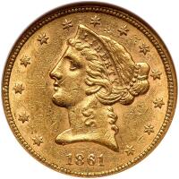 1861 $5 Liberty NGC AU58