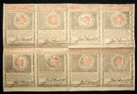 Rhode Island. July 2, 1780. Complete Uncut Sheet of 8 Notes