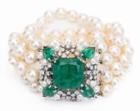 Gatsby Era, Emerald, Diamond and Pearl Bracelet in 14k White Gold. Breathtaking