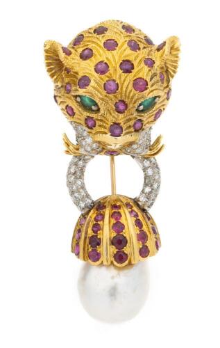 Very Appealing Ladies 22K Yellow & White Gold, Ruby, Emerald and Diamond Jaguar Brooch with Large Baroque Pearl