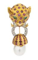 Very Appealing Ladies 22K Yellow & White Gold, Ruby, Emerald and Diamond Jaguar Brooch with Large Baroque Pearl