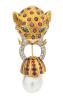 Very Appealing Ladies 22K Yellow & White Gold, Ruby, Emerald and Diamond Jaguar Brooch with Large Baroque Pearl