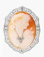 Exceptional 14K White Gold and Shell Cameo. Tiny Accent Diamonds Create the Illusion of a Necklace. Beautiful Piece