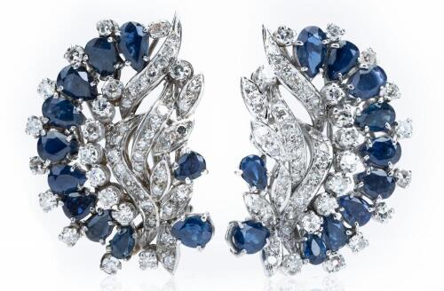 Ladies Pair of Diamond and Sapphire Earrings in 14K White Gold in a Dazzling Foliate, Crescent Design