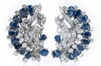 Ladies Pair of Diamond and Sapphire Earrings in 14K White Gold in a Dazzling Foliate, Crescent Design