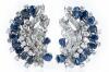 Ladies Pair of Diamond and Sapphire Earrings in 14K White Gold in a Dazzling Foliate, Crescent Design