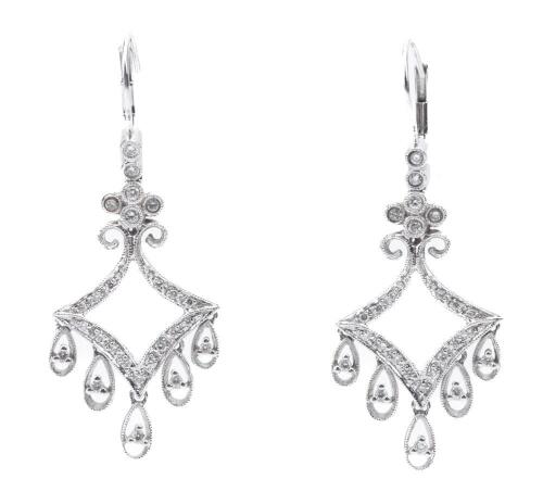 Ladies Victorian Revival Latch Back Earrings in 14K White Gold and Tiny Accent Diamonds. Easy Elegance