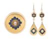 Victorian 14K Yellow Gold, Old European Cut Diamond and Enamel Locket with Matching Earrings.