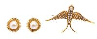 Ladies Vintage Ensemble of 18K Pearl Button Style Earring Finished with an Elegant 14K Pin of a Swallow Tailed Kite with Seed Pe