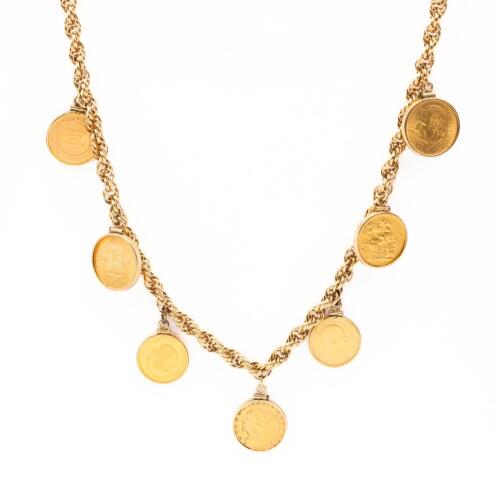 Exceptional World Gold Coin Necklace 7 Coins on 30" 14K Yellow Gold Rope Chain