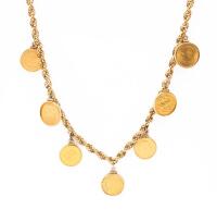 Exceptional World Gold Coin Necklace 7 Coins on 30" 14K Yellow Gold Rope Chain