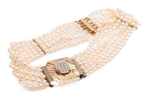 Ladies Custom Designed 14K Yellow and White Gold, 7-Strand Choker of Sea Pearls and 15 Diamonds, Totaling 1.75 Carats.