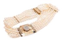 Ladies Custom Designed 14K Yellow and White Gold, 7-Strand Choker of Sea Pearls and 15 Diamonds, Totaling 1.75 Carats.