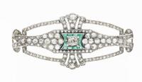 Gorgeous Platinum Antique Deco Pin in Old Mine Cut and Rose Cut Diamonds with Rectangular Emerald Accents