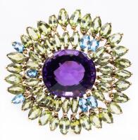 Extremely Colorful Zinnia Pin with and Amethyst Center, Surrounded by Marquis Shaped Peridot and Aquamarine set in 18K Yellow Go