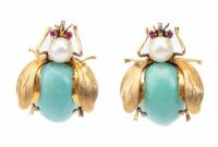 Two Antique 14K Yellow Gold Lady Bugs in Turquoise, Pearl and Rubies