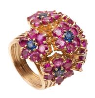 Spring is in Full Bloom: Ladies 14K Yellow Gold, Ruby and Sapphire Ring Designed as an Explosion of Six Blooms. 1950s