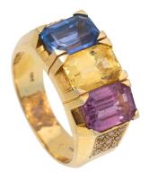 Delightfully Colorful Ladies Pink, Yellow and Blue Sapphire Ring in 14K Yellow Gold. Each Sapphire is 1.75 Carats with Accent Di