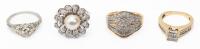 Three 14K Yellow and White Gold Rings and One 10K Ring Diamonds and Pearls.