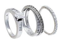 Three Ladies 14K White Gold Rings with Diamond Including a One Carat Princess Cut Diamond