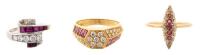 Three Ladies Ruby and Diamond Rings in Platinum, 18K Gold and 14K Gold