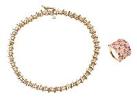 Ladies Very Colorful Ring of Diamonds and Pink Sapphires and a Petite Tennis Style Bracelet