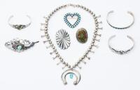 Trading Post Collection of 8 Pieces of Native American Jewelry: Necklace, Cuffs, Pins, Barrette and Ring All in Sterling Silver