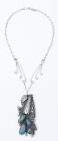Sterling Silver Necklace with Horn of Plenty Pendant of Four Nevada Turquoise Cabochons Tumbling Out.
