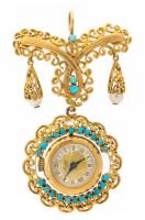 Ladies Beautiful 18K Yellow Gold Pendant/Brooch Watch with Enamel, Persian Turquoise and Pearls