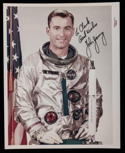 Pristine Inscribed and Signed Official Photograph Portrait by Astronaut John Young to Clark McClelland ca. 1964 in Space Suit.